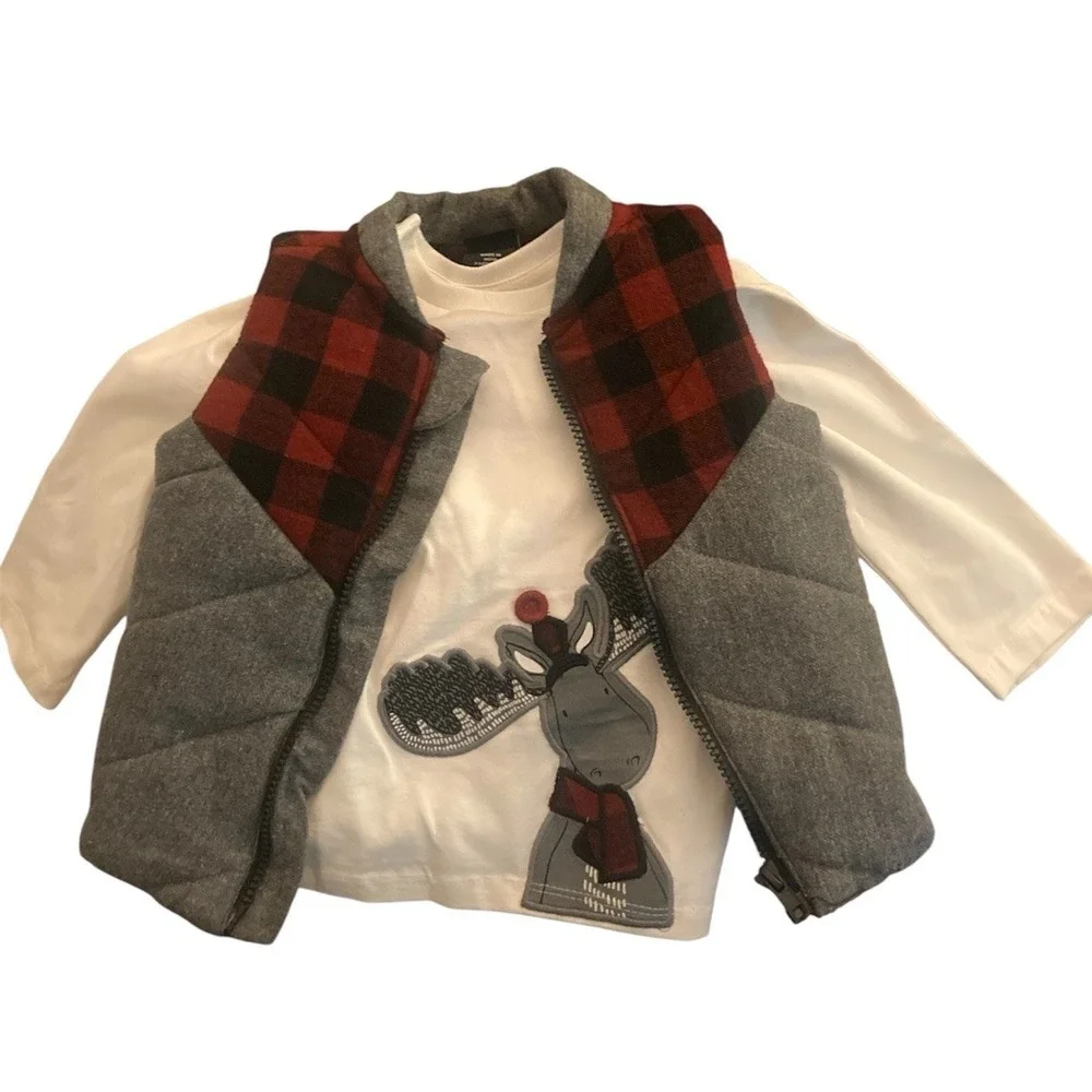 Fierce Frank Boys Puffer Vest Shirt Set Size 18m Gray Red‎ Plaid Moose Holidays